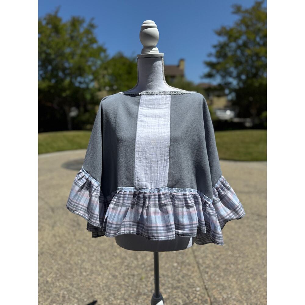 Handmade and Upcycled Ruffled Poncho Organic Cotton One Size | SAME DAY SHIP